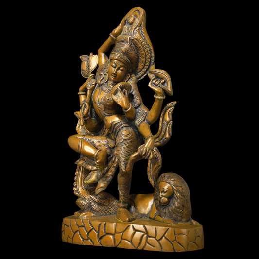 Brassaura® Dancing Goddess Durga on Lion | Brass Statue | Height 42.5 Inches & Weight 9 kgs