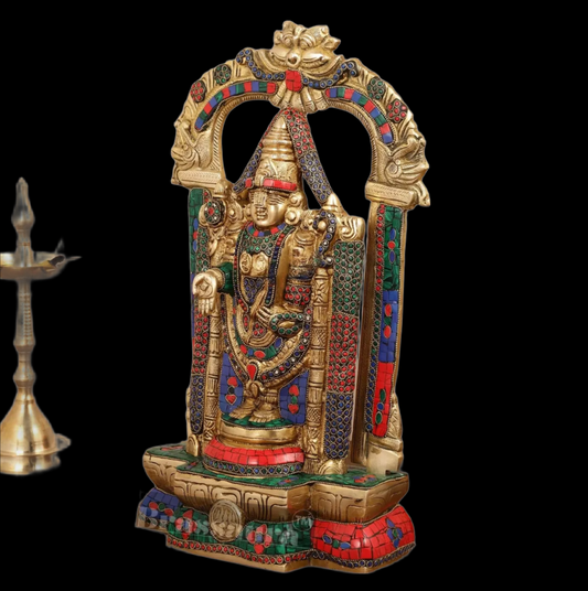 Brassaura™ Brass Handcrafted Tirupati Balaji Idol gem Stonework & Thiruvarchi Prabhavali – 20 Inches, 12 Kgs
