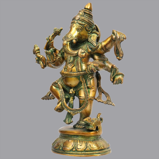 Brassaura™ Dancing Ganesha in Green & Gold Finish | Intricately Detailed Brass Statue | Height 9 Inches & Weight 2.40 kgs