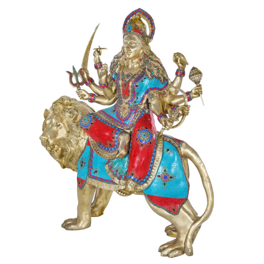 Brassaura® Maa Durga on Lion | Brass with Inlay Work | Height 43 Inches & Weight 92 kgs