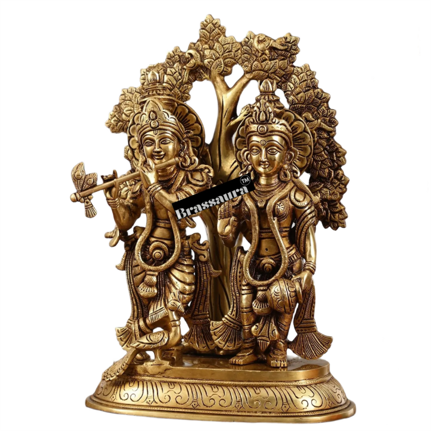 Brassaura™ Superfine Brass Radha Krishna Idols with Kalpavriksha & Peacock – Height 14 Inches & Weight 7.59 Kgs | Devotional Pair