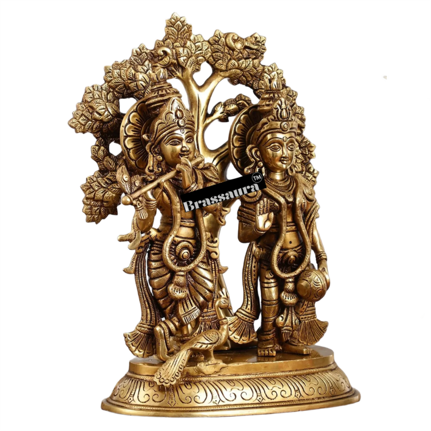 Brassaura™ Superfine Brass Radha Krishna Idols with Kalpavriksha & Peacock – Height 14 Inches & Weight 7.59 Kgs | Devotional Pair