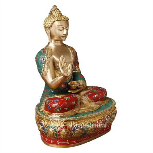 Brassaura® Buddha Seated in Abhaya Mudra Blessing Pose with Fine Golden Finish & Multicolor Stone Work | Pure Superfine Brass Handcrafted Murti | Brass Statue for Home Temple, Pooja Room | Height 20.5 Inches | Weight 18.84 Kgs