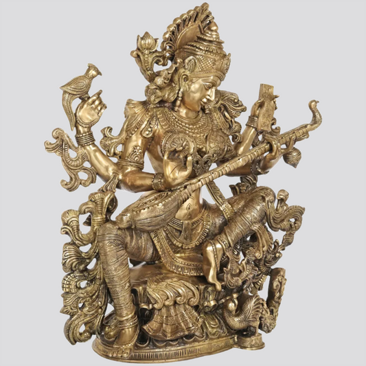 Brassaura® Majestic Saraswati in Lalitasana | Brass Statue | Height 38 Inches & Weight 90 kgs