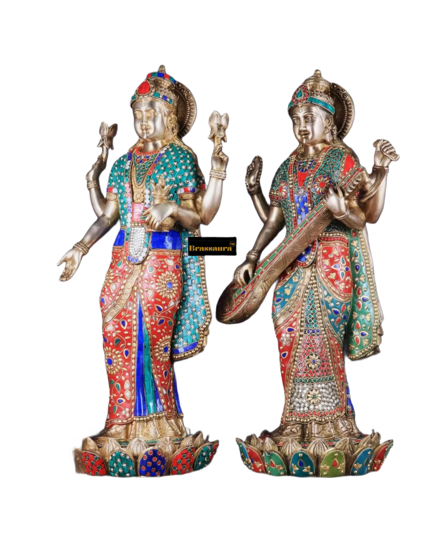 Brass Gem Stone Work Laxmi Mata for Home and Decor Height 25 Inches & Weight 34 Kgs