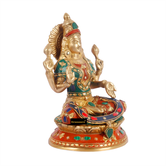 Brassaura™ Handcrafted Brass Gem Stone Work Laxmi Murti – Height 9.3 Inches & Weight 3.5 Kgs | Devotional Idol