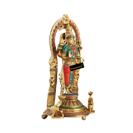 Brassaura™ Elegant Brass Gem Stone Work Laxmi Idol – Height 10.5 Inches & Weight 6 Kgs | Home & Temple Décor