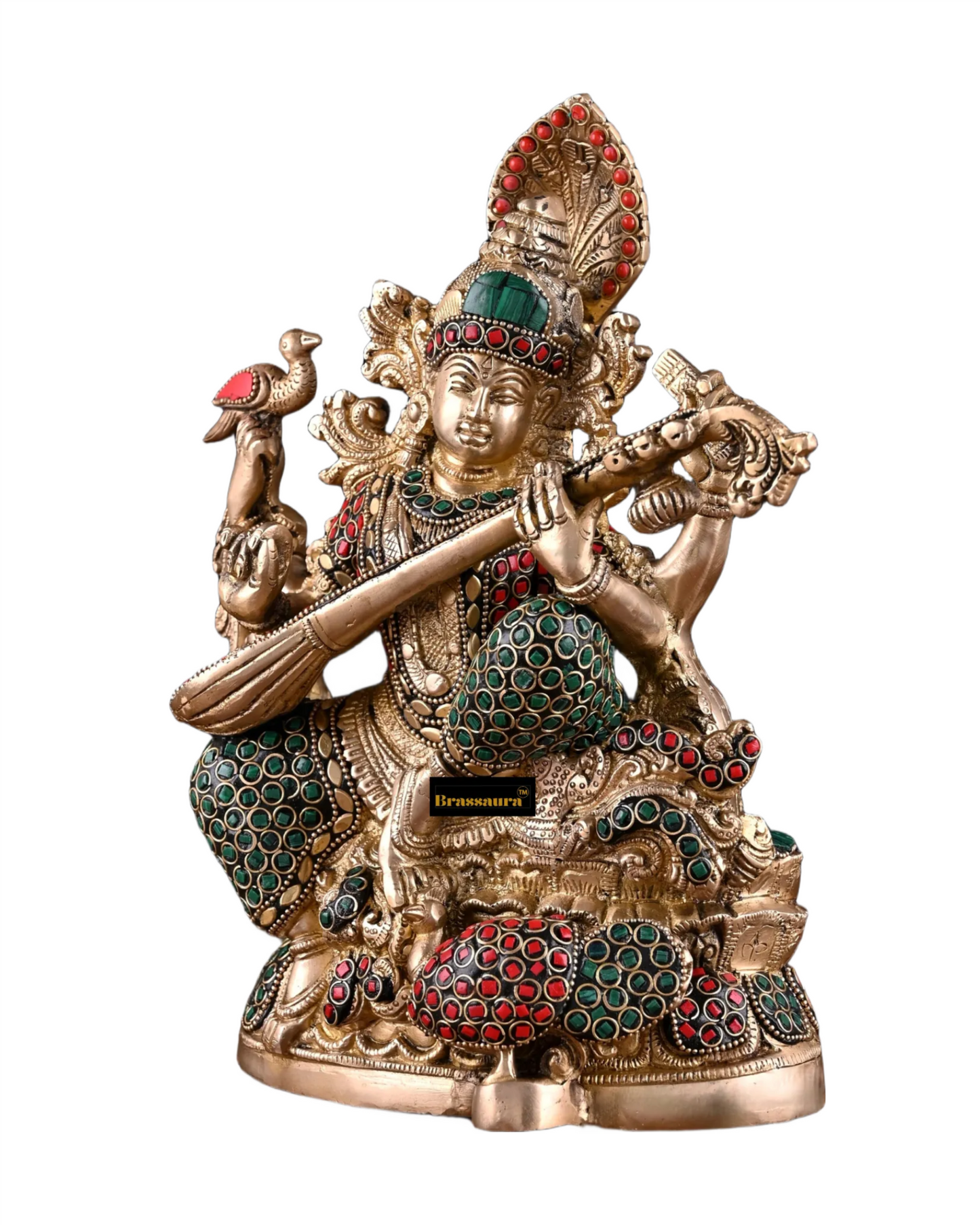 Brass Gem Stone Work Saraswati for Home and Decor Height 11 Inches & Weight 6.5 Kgs
