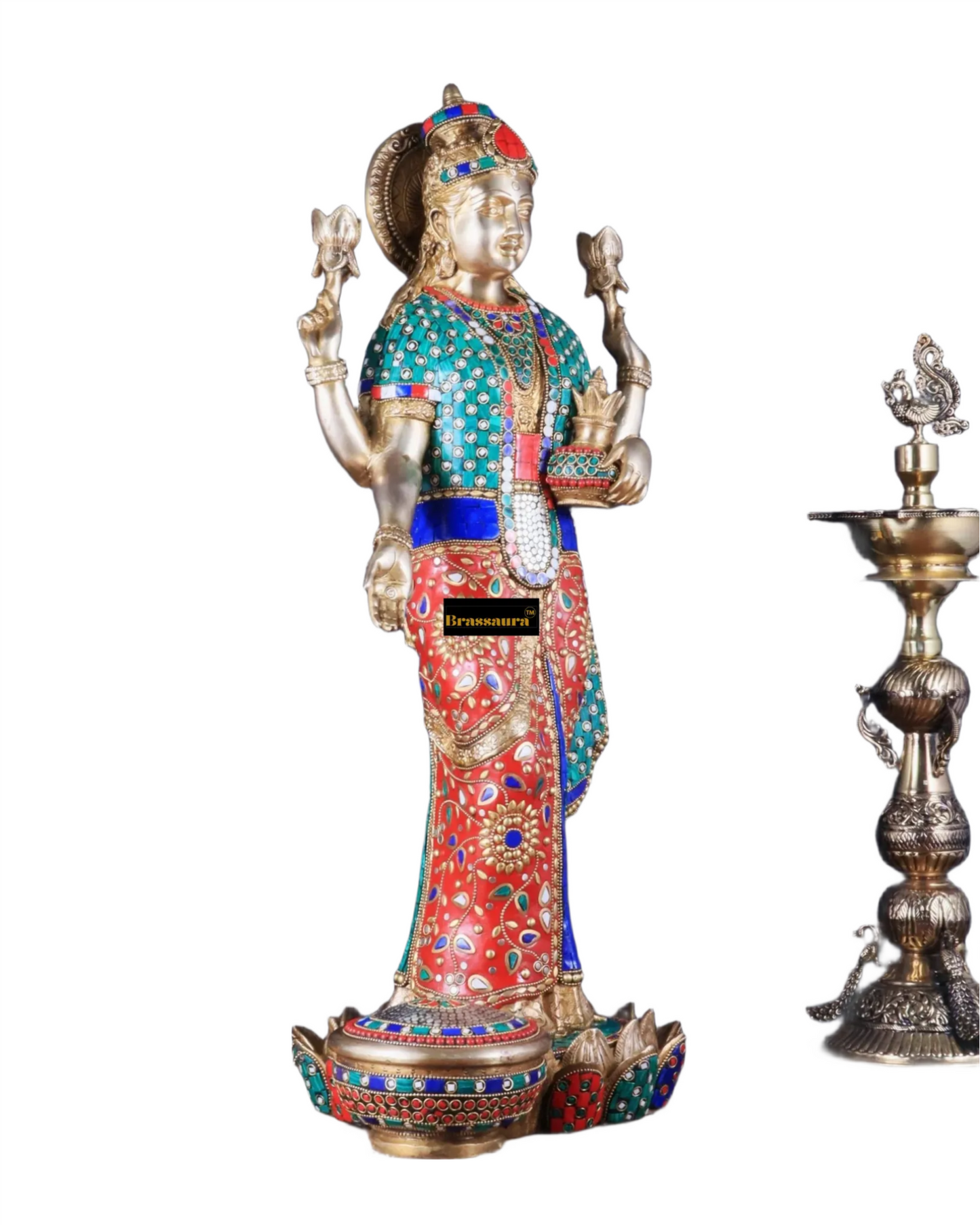 Brass Gem Stone Work Laxmi Mata for Home and Decor Height 25 Inches & Weight 17 Kgs