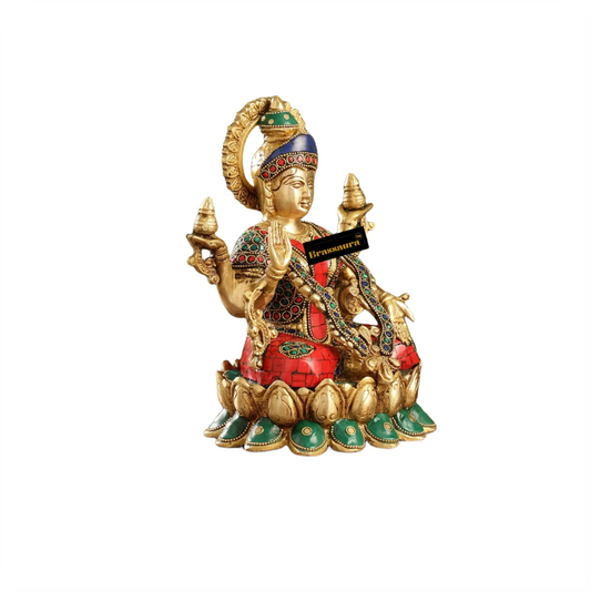 Brassaura™ Traditional Brass Gem Stone Work Laxmi Idol – Height 10.5 Inches & Weight 4 Kgs | Puja Room Statue