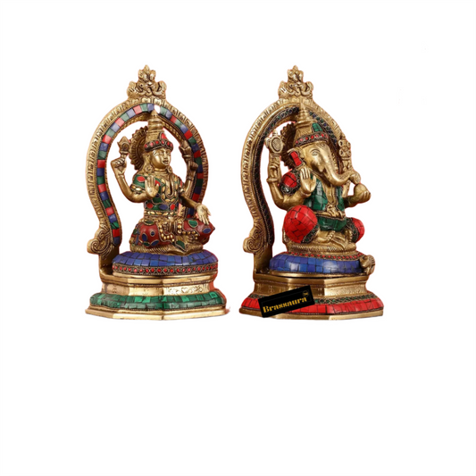 Brassaura™ Elegant Brass Gem Stone Work Laxmi Ganesha Idol – Height 11 Inches & Weight 7 Kgs | Puja Room Statue