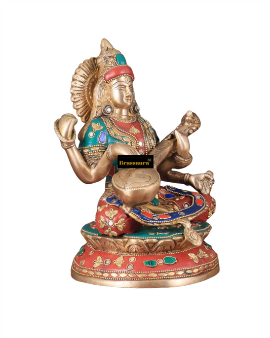 Brassaura™ Artistic Brass Gem Stone Work Saraswati Idol – Height 9 Inches & Weight 4.5 Kgs | Puja & Temple Décor
