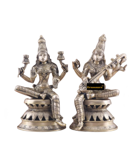 Brassaura™ Brass Laxmi Saraswati Idol – Height 12 Inches & Weight 9 Kgs | Hindu Goddess Statue