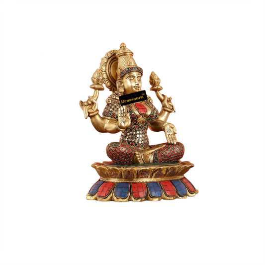 Brassaura™ Devotional Brass Gem Stone Work Laxmi Idol – Height 11 Inches & Weight 7 Kgs | Spiritual Home Idol