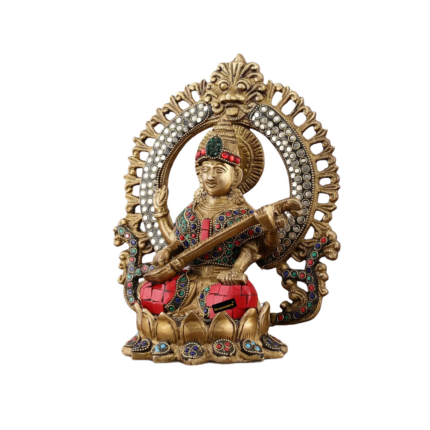 Brass Gem Stone Work Saraswati for Home and Decor Height 9.5 Inches & Weight 3.4 Kgs