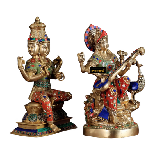 Brassaura® Brass Gem Stone Work Saraswati & Lord Brahma For Puja Room Height 15 Inches