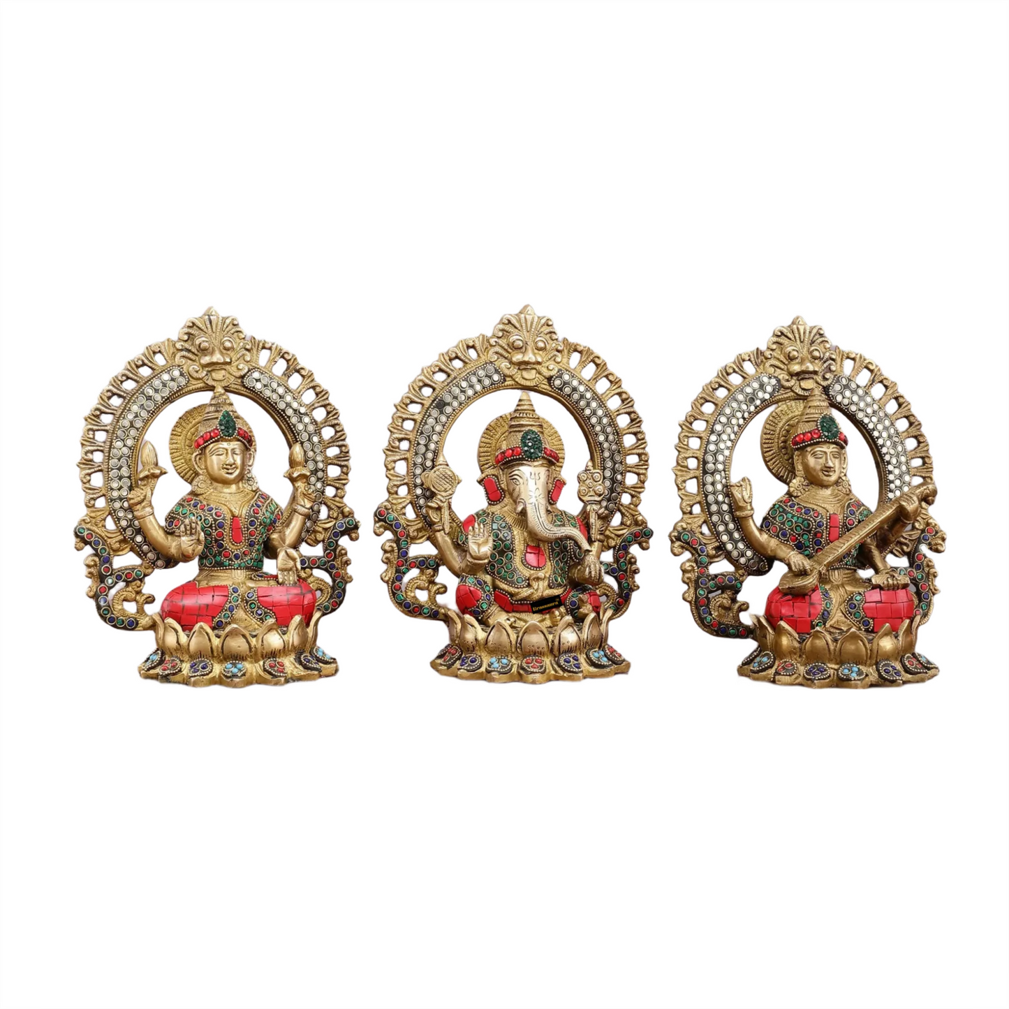 Brass Gem Stone Work Laxmi Ganesha Saraswati Murti for Home and Decor Height 9.5 Inches & Weight 10.2 Kgs