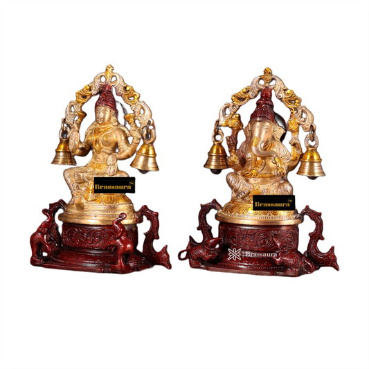 Brassaura™ Handcrafted Brass Laxmi Ganesha Idol – Height 8.2 Inches & Weight 4.34 Kgs | Puja Room Statue