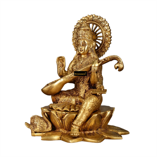 Brassaura® Premium Brass Saraswati Idol – Height 11 Inches | Devotional Statue