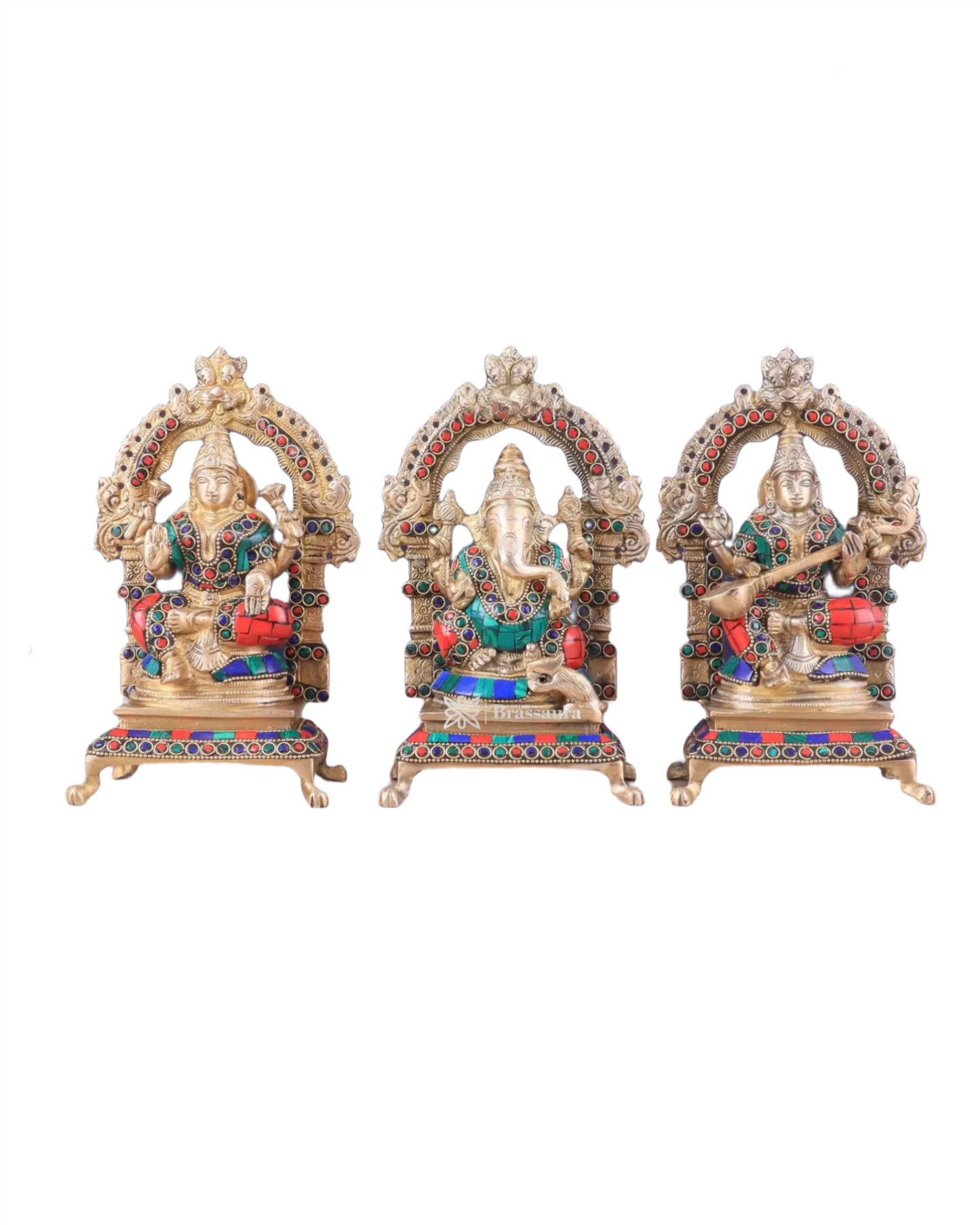 Brass Gem Stone Work Laxmi Ganesha Saraswati Murti for Home and Decor Height 8 Inches & Weight 6 Kgs