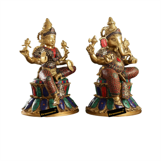 Brassaura™ Brass Gem Stone Work Laxmi Ganesha Idol – Height 15 Inches & Weight 17 Kgs | Hindu God Statue