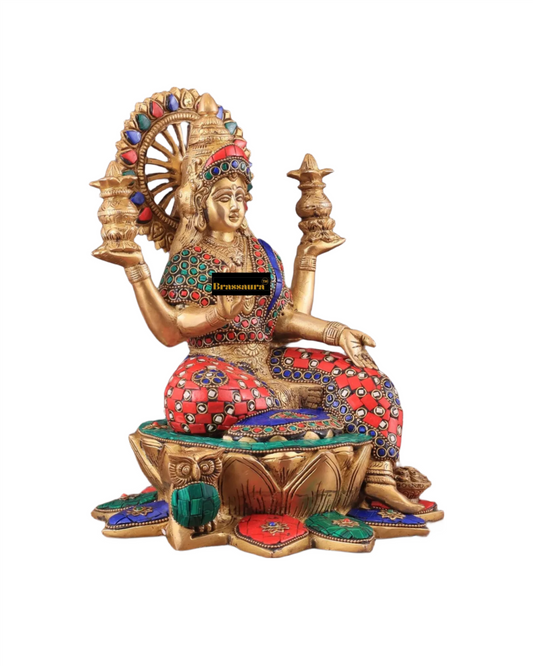 Brassaura™ Artistic Brass Gem Stone Work Laxmi Idol – Height 11 Inches & Weight 6.25 Kgs | Spiritual Goddess Statue