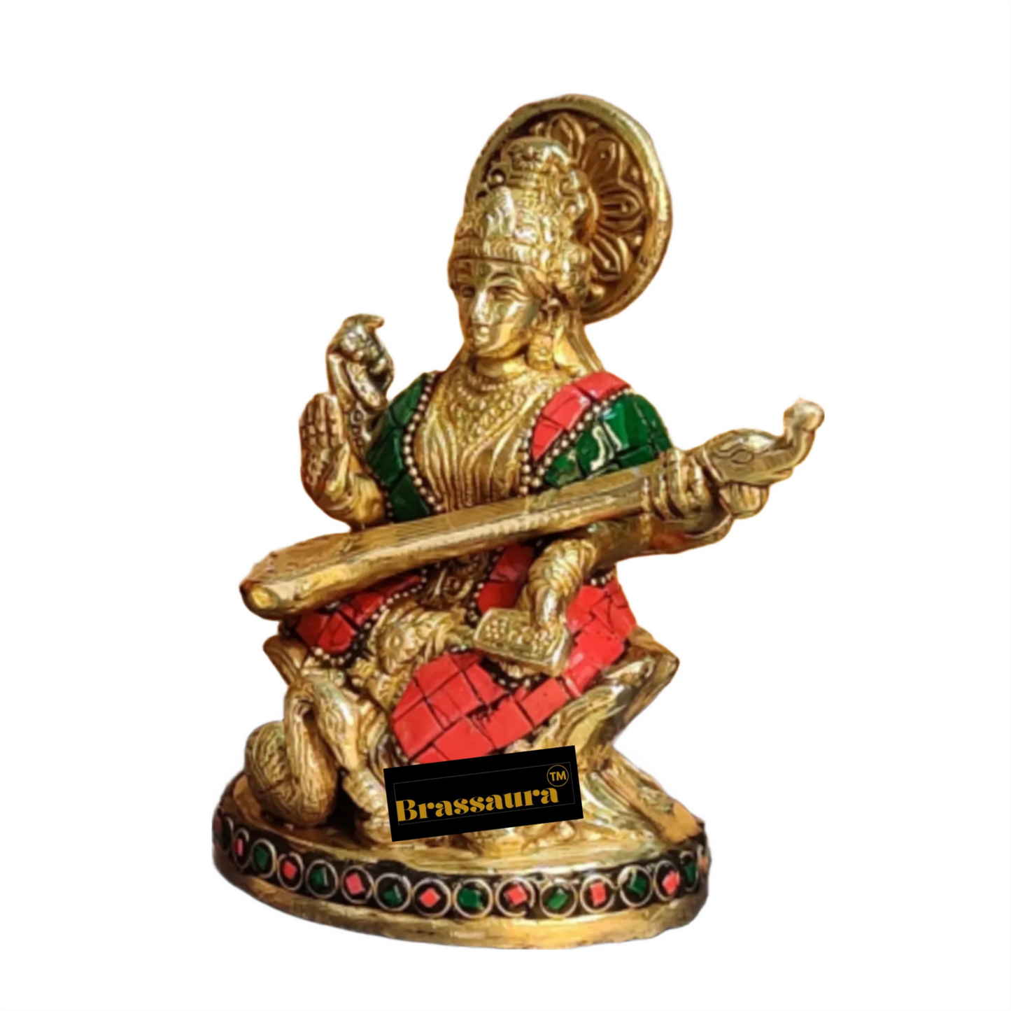 Brass Gem Stone Work Saraswati for Home and Decor Height 5.5 Inches & Weight 88 Grams