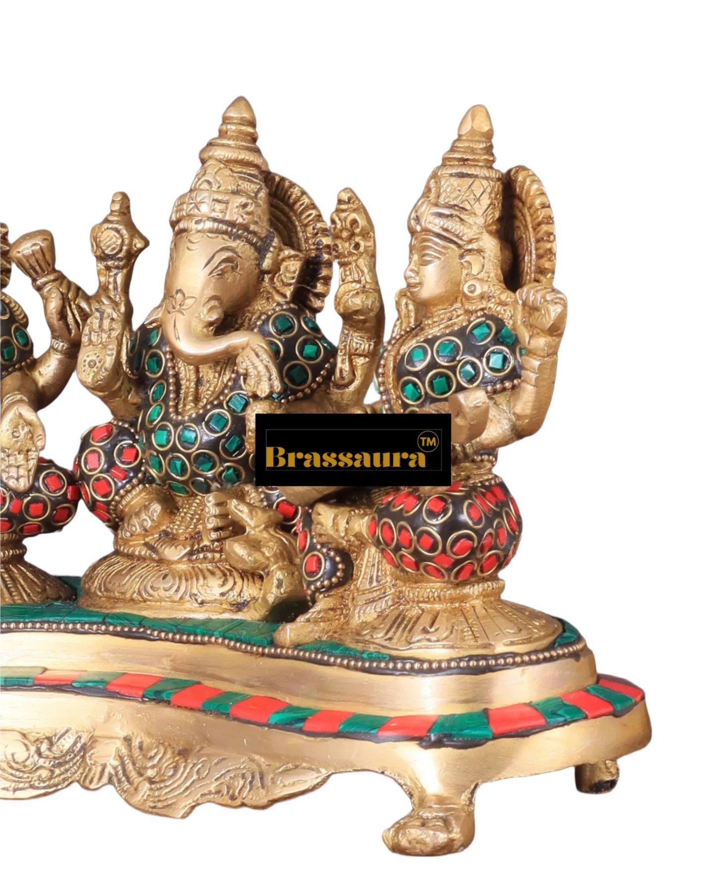 Brass Gem Stone Work Laxmi Ganesha Saraswati Murti for Home and Decor Height 6.2 Inches & Weight 3 Kgs