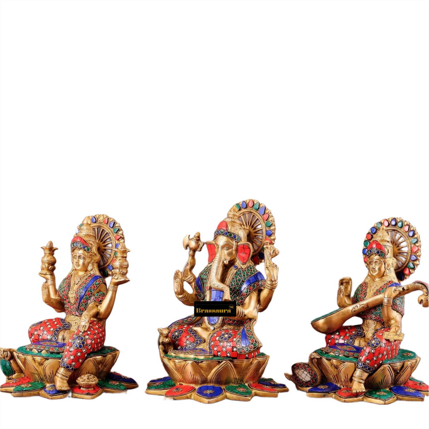 Brass Gem Stone Work Laxmi Ganesha Saraswati Murti for Home and Decor Height 12 Inches & Weight 19 Kgs