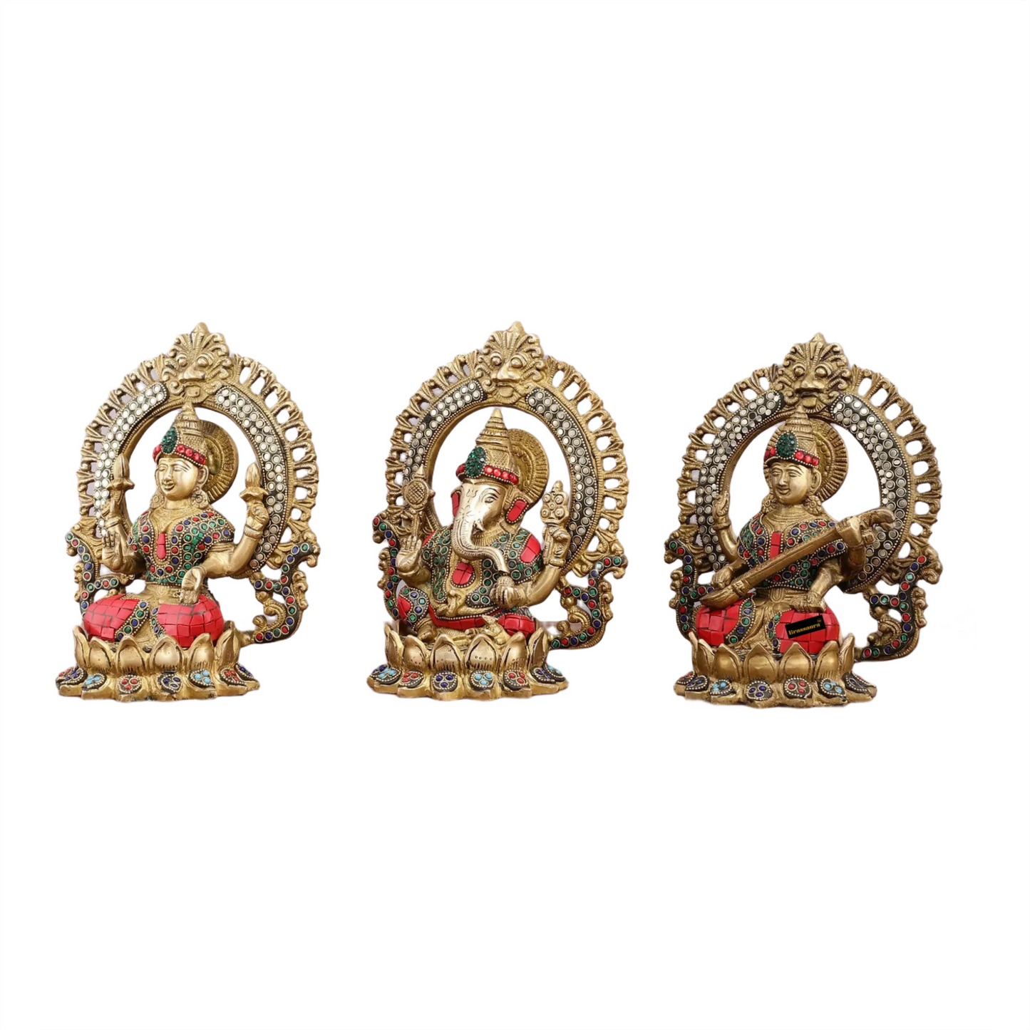 Brass Gem Stone Work Laxmi Ganesha Saraswati Murti for Home and Decor Height 9.5 Inches & Weight 10.2 Kgs