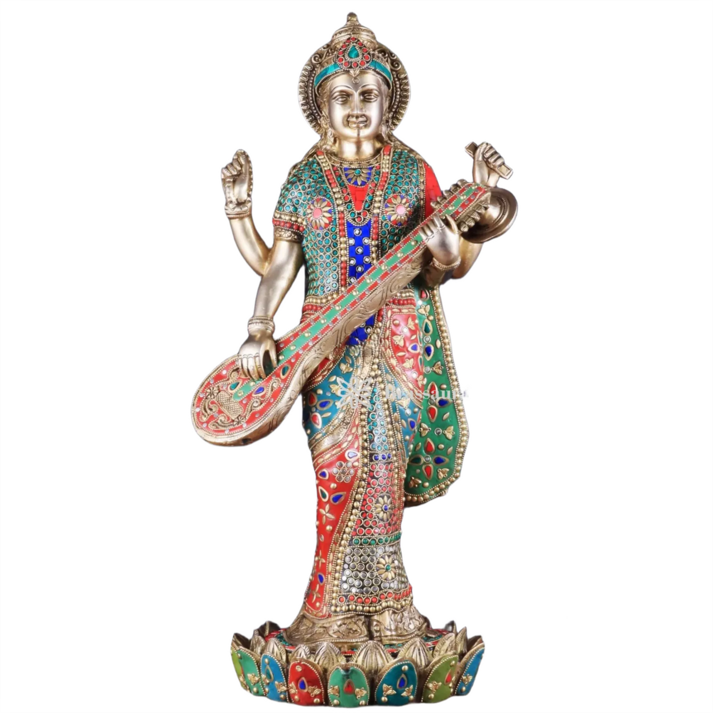 Brass Gem Stone Work Saraswati for Home and Decor Height 25 Inches & Weight 22 Kgs