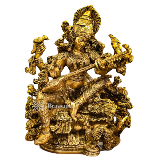 Brassaura™ Brass Saraswati Idol – Height 16 Inches & Weight 18 Kgs | Hindu Goddess Statue