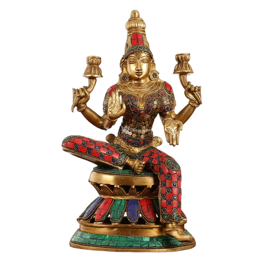 Brassaura™ Brass Gem Stone Work Laxmi Idol – Height 12 Inches & Weight 4.5 Kgs | Hindu Goddess Statue