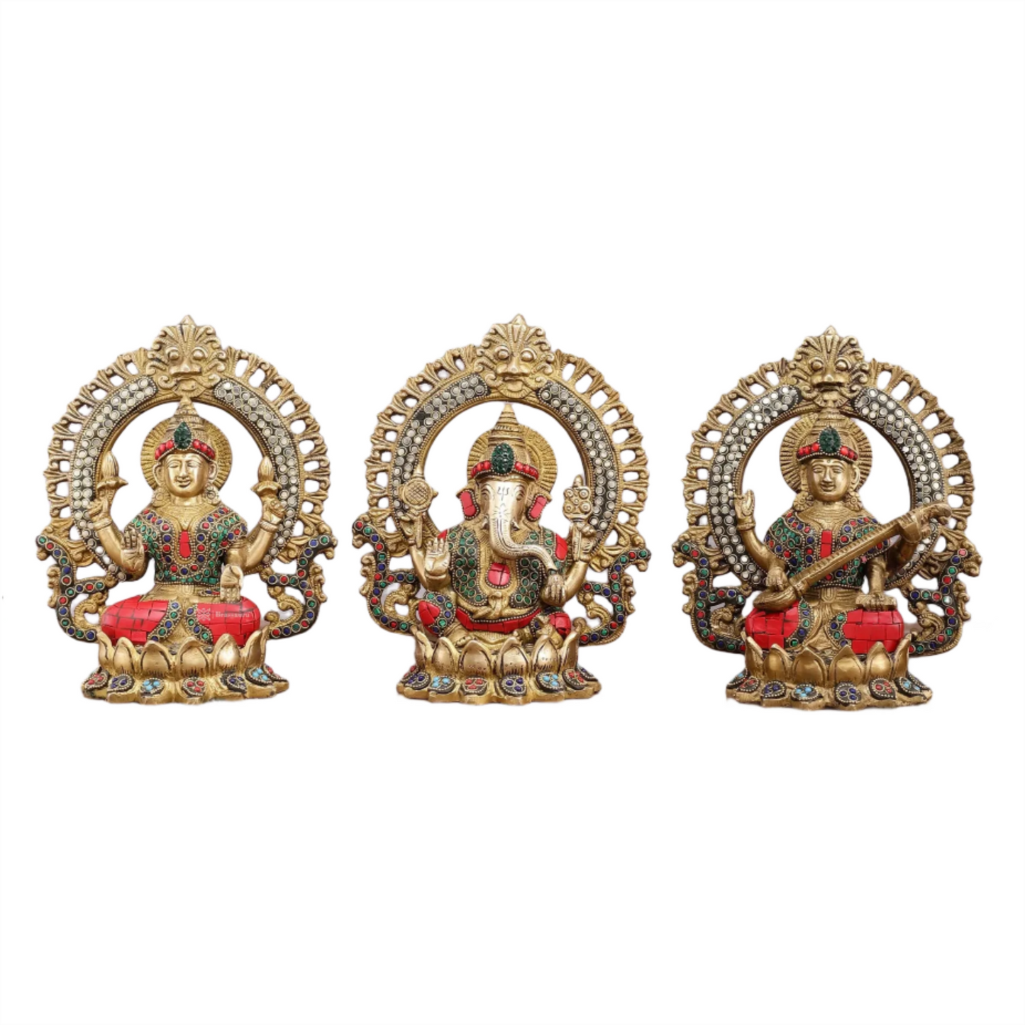 Brass Gem Stone Work Laxmi Ganesha Saraswati Murti for Home and Decor Height 9.5 Inches & Weight 10.2 Kgs