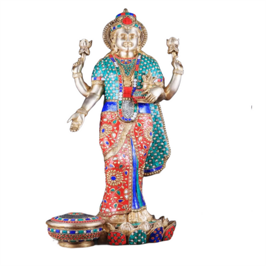 Brassaura™ Devotional Brass Gem Stone Work Laxmi Idol – Height 25 Inches & Weight 17 Kgs | Spiritual Home Idol