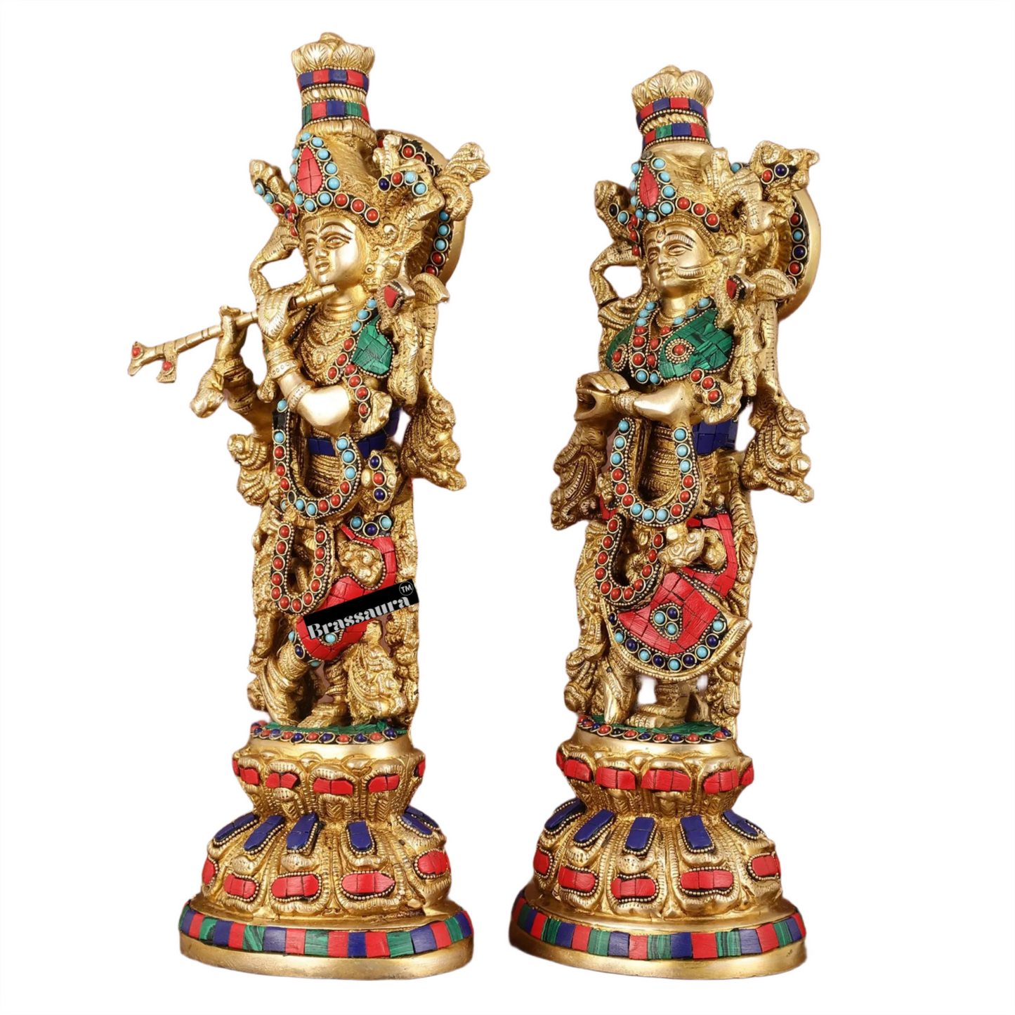 Brassaura™ Brass Radha Krishna Idol Pair with Exquisite Stonework – Height 15 Inches & Weight 10 Kgs | Divine Love Statues