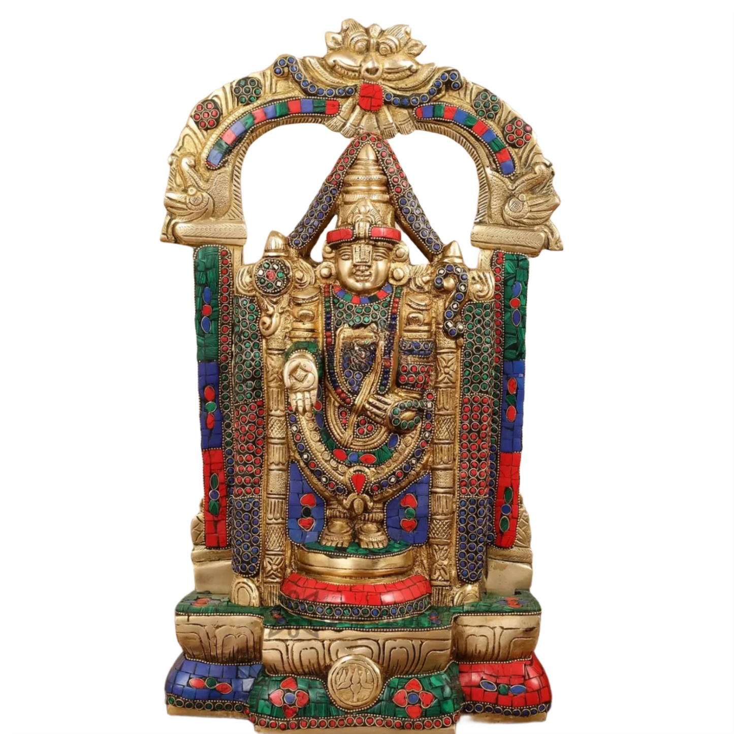 Brassaura™ Brass Handcrafted Tirupati Balaji Idol gem Stonework & Thiruvarchi Prabhavali – 20 Inches, 12 Kgs