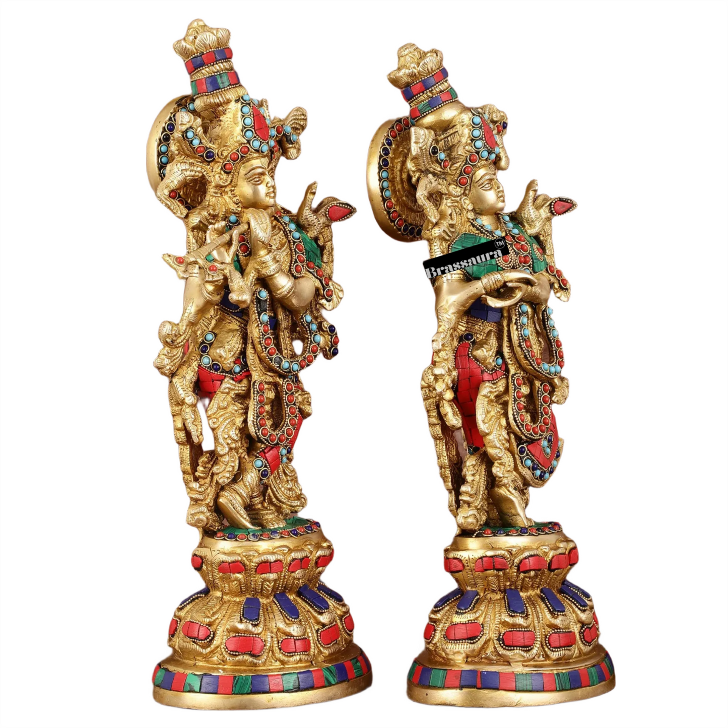 Brassaura™ Brass Radha Krishna Idol Pair with Exquisite Stonework – Height 15 Inches & Weight 10 Kgs | Divine Love Statues