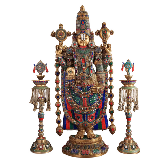 Brassaura™ Brass Lord Venkateshwara Statue with Meenakari Stonework & Deepak Set – 48 Inches, 49 Kgs Idol + 30 Inches, 20 Kgs Deepaks