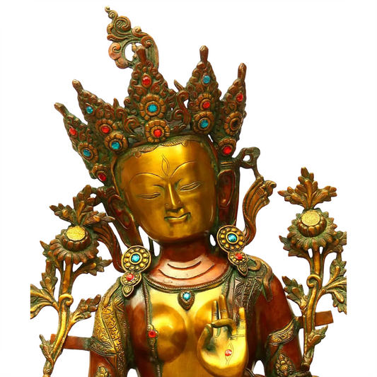 Brassaura® Ídolo de Tara Devi Sentada em Latão | Acabamento Duplo Tom Antigo | Altura 34 Polegadas e Peso 33,30 kg