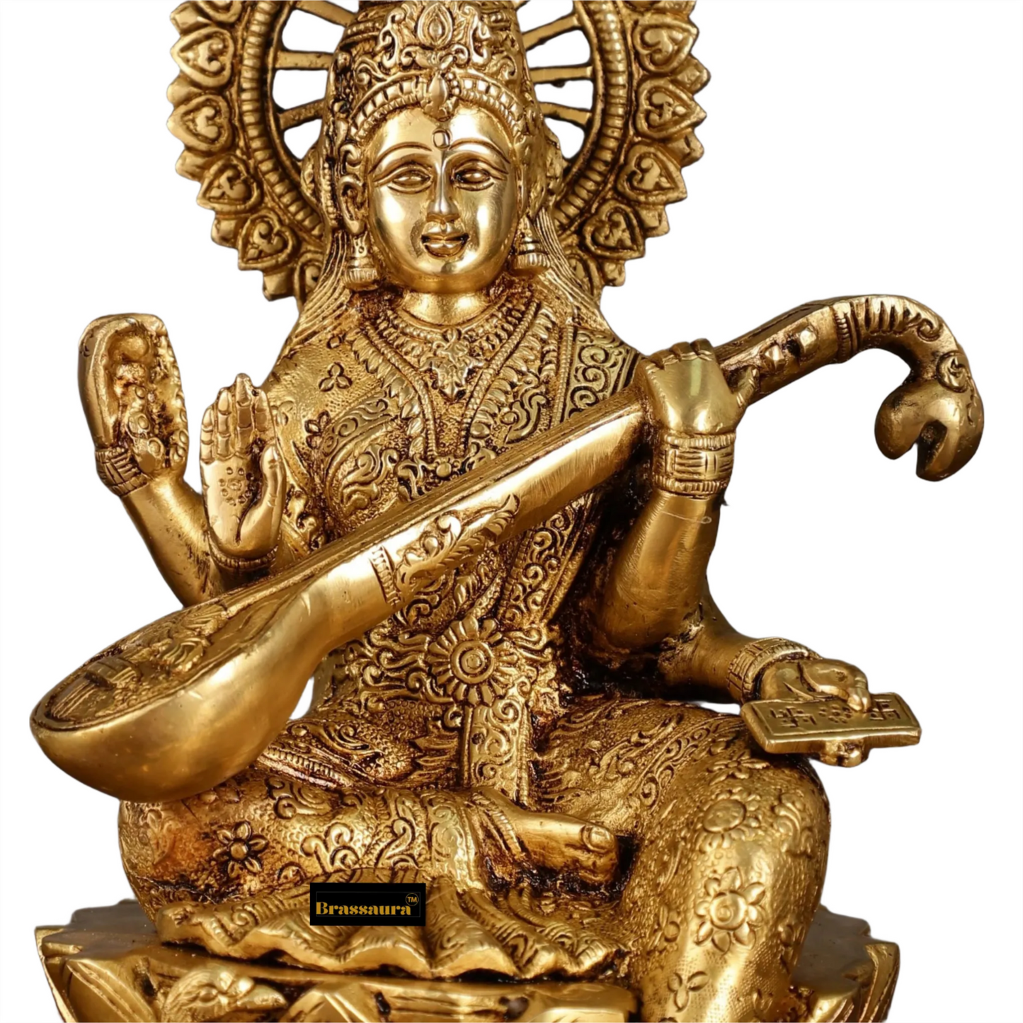 Brassaura™ Premium Brass Saraswati Idol – Height 11 Inches & Weight 6.5 Kgs | Devotional Statue