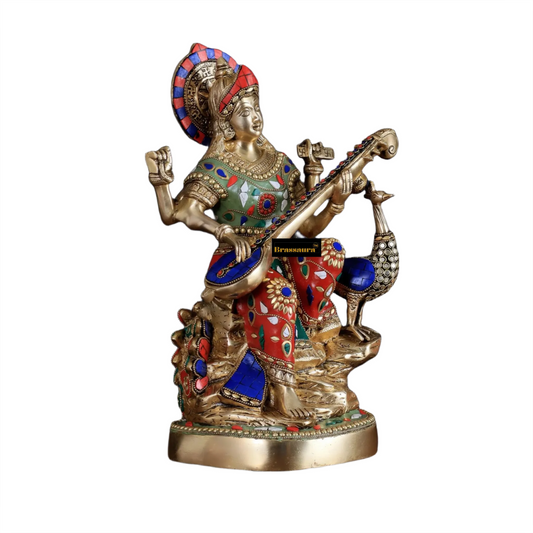 Brassaura™ Brass Gem Stone Work Saraswati Murti – Height 15 Inches & Weight 10 Kgs | Devotional Home Idol