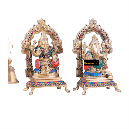 Brassaura® Artistic Brass Gem Stone Work Laxmi Ganesh Statue – Height 8 Inches | Spiritual Home Décor