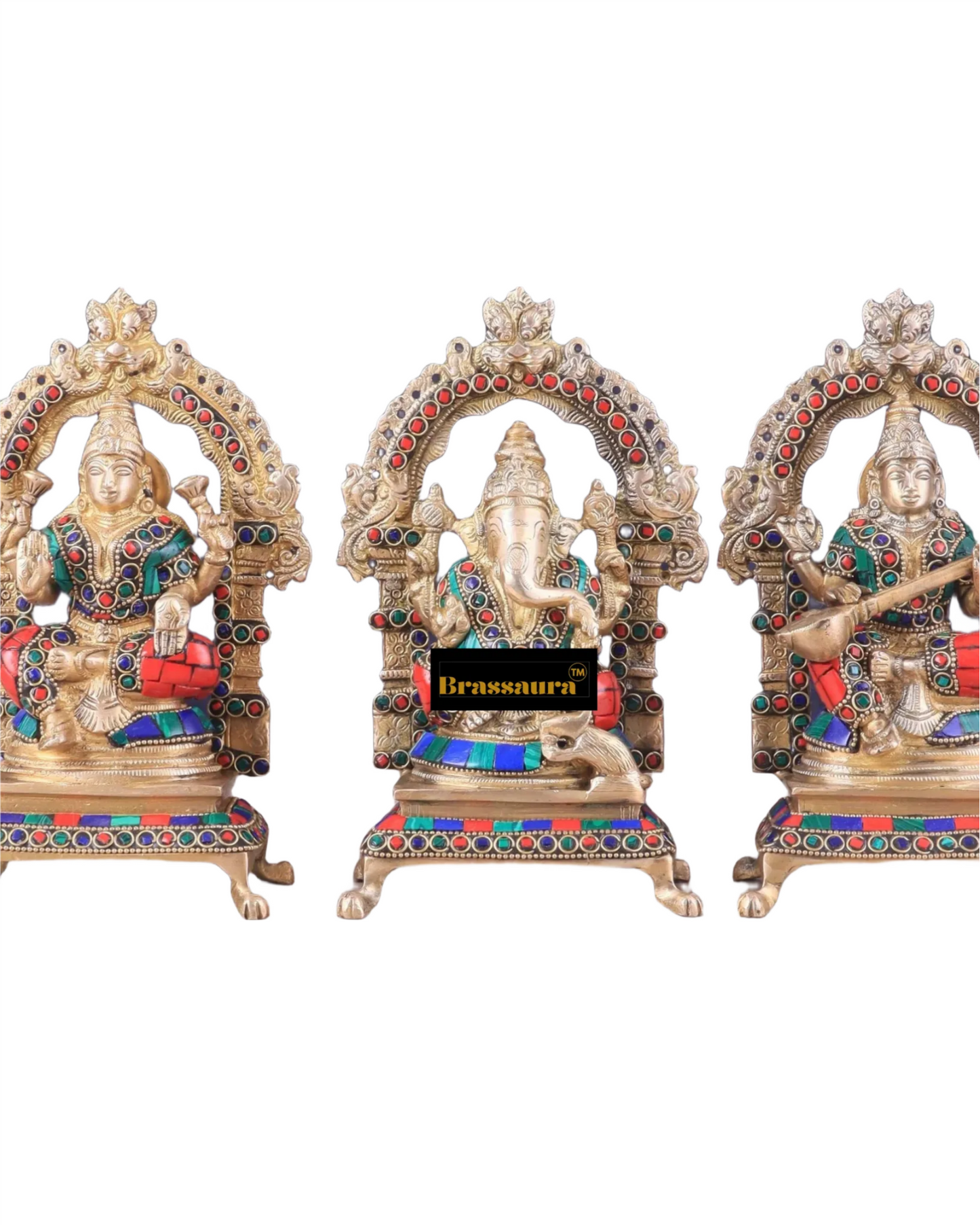 Brass Gem Stone Work Laxmi Ganesha Saraswati Murti for Home and Decor Height 8 Inches & Weight 6 Kgs