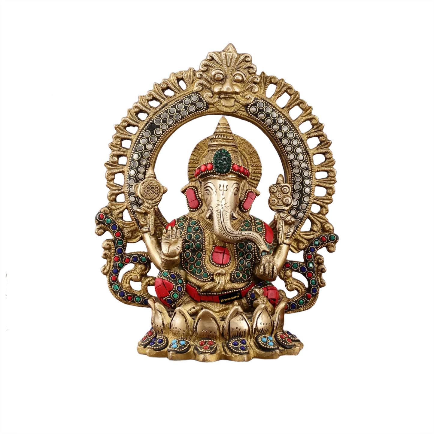 Brass Gem Stone Work Laxmi Ganesha Saraswati Murti for Home and Decor Height 9.5 Inches & Weight 10.2 Kgs