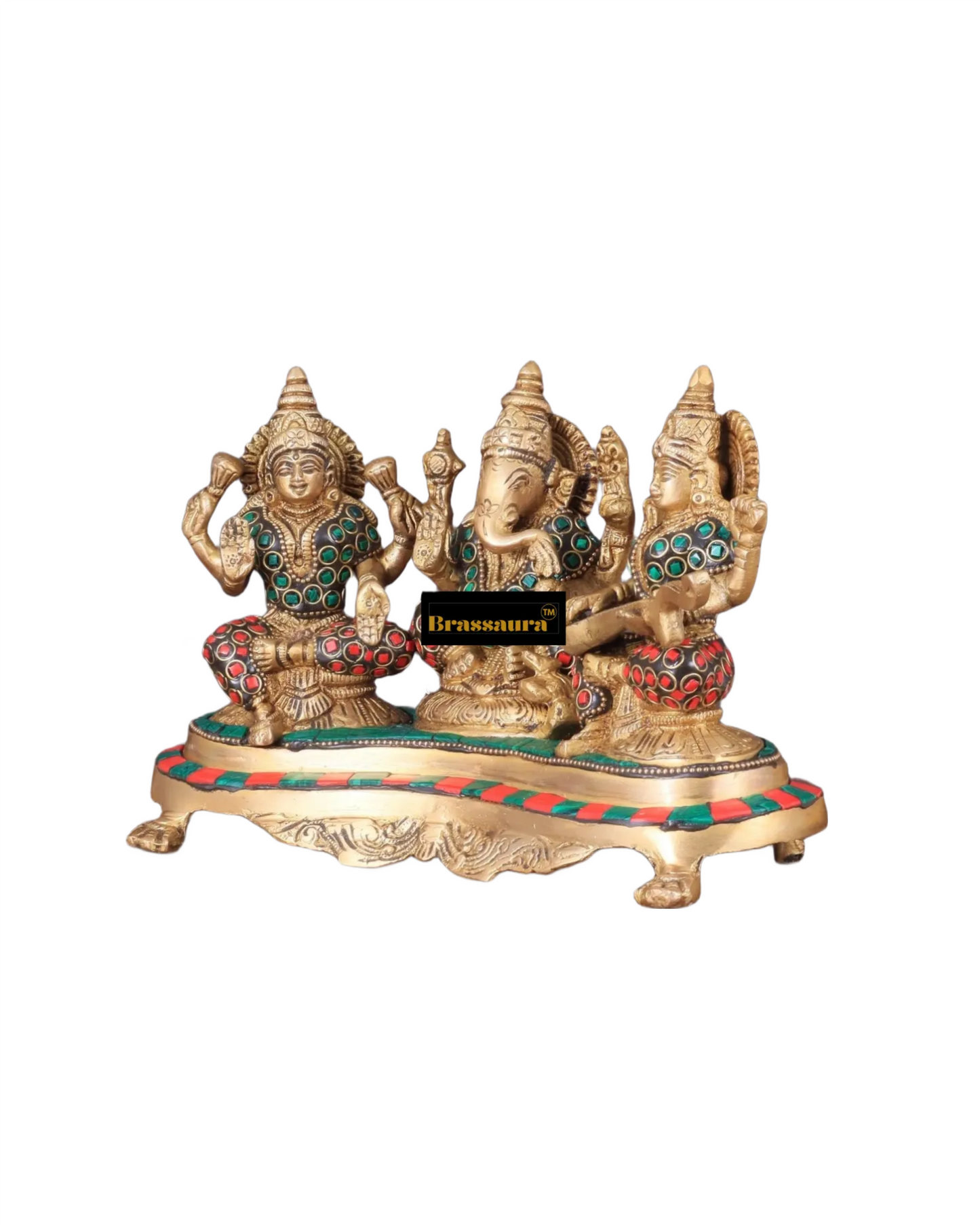 Brass Gem Stone Work Laxmi Ganesha Saraswati Murti for Home and Decor Height 6.2 Inches & Weight 3 Kgs