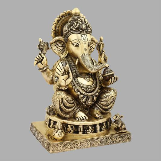 Brassaura™ Seated Lord Ganesha on Ornate Pedestal | Height 14 Inches & Weight 9.78 kgs