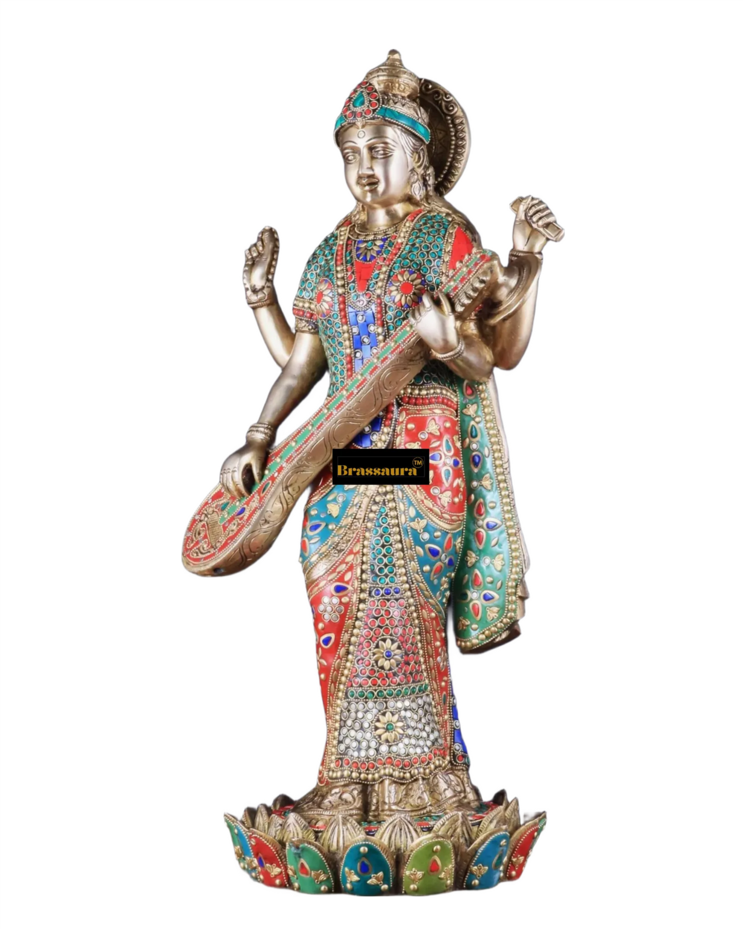 Brass Gem Stone Work Saraswati for Home and Decor Height 25 Inches & Weight 22 Kgs