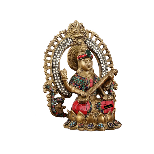 Brassaura™ Elegant Brass Gem Stone Work Saraswati Statue – Height 9.5 Inches & Weight 3.4 Kgs | Hindu Puja Décor