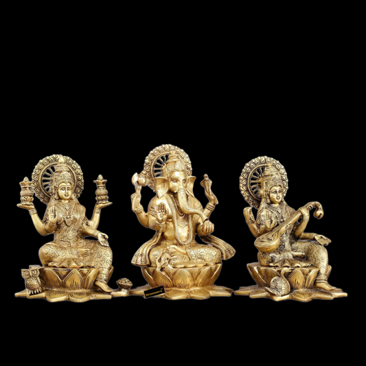 Brassaura™ Traditional Brass Antique Laxmi Ganesha Saraswati Murti – Height 11 & Weight 19 Kgs | Hindu Idol